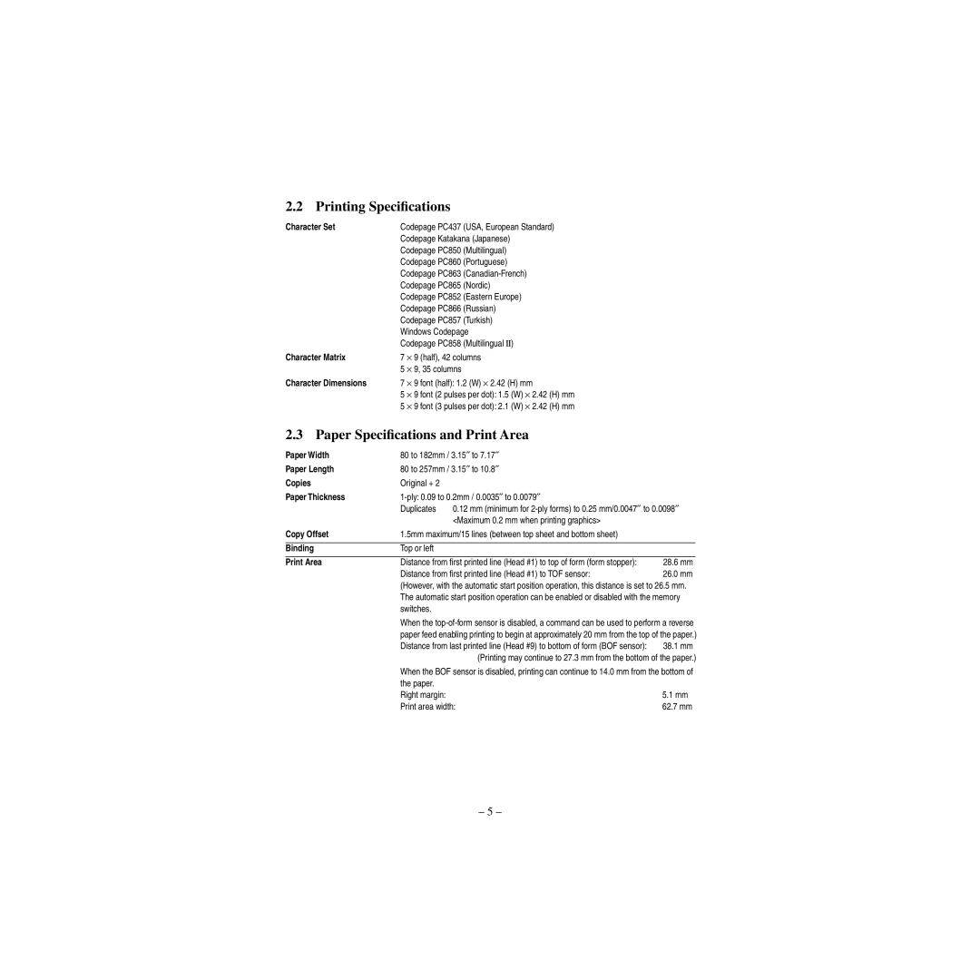 Star Micronics CBM-820 manual Printing Speciﬁcations, Paper Speciﬁcations and Print Area 