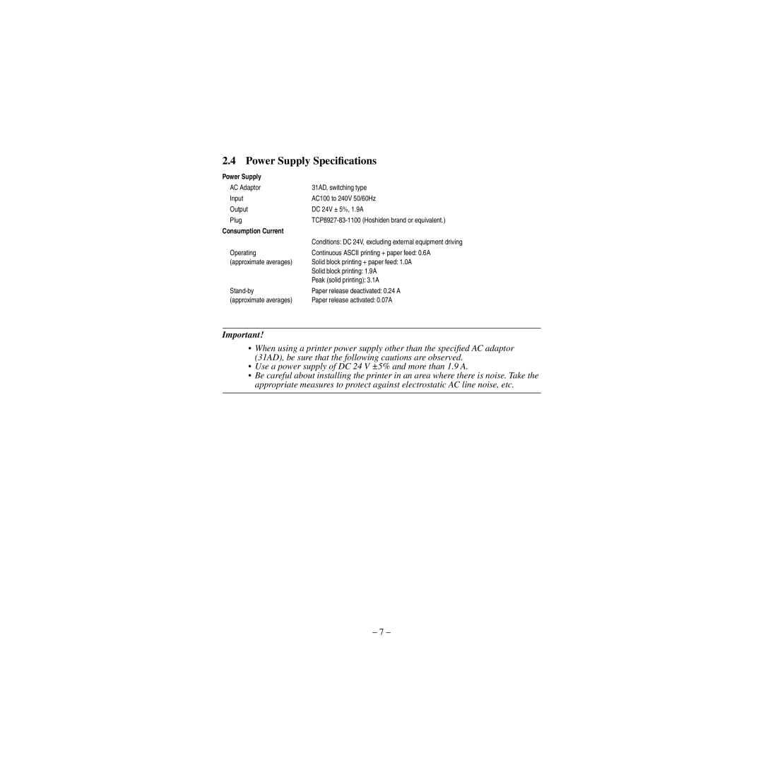 Star Micronics CBM-820 manual Power Supply Speciﬁcations, Consumption Current 