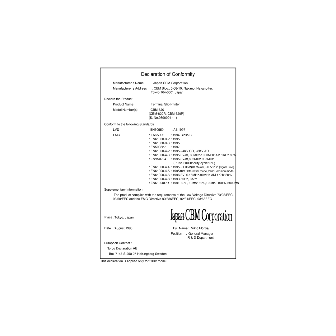 Star Micronics CBM-820 manual Declaration of Conformity, Emc 