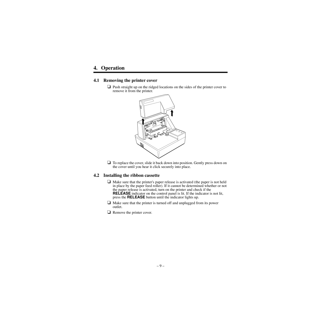 Star Micronics CBM-820 manual Operation, Removing the printer cover, Installing the ribbon cassette 