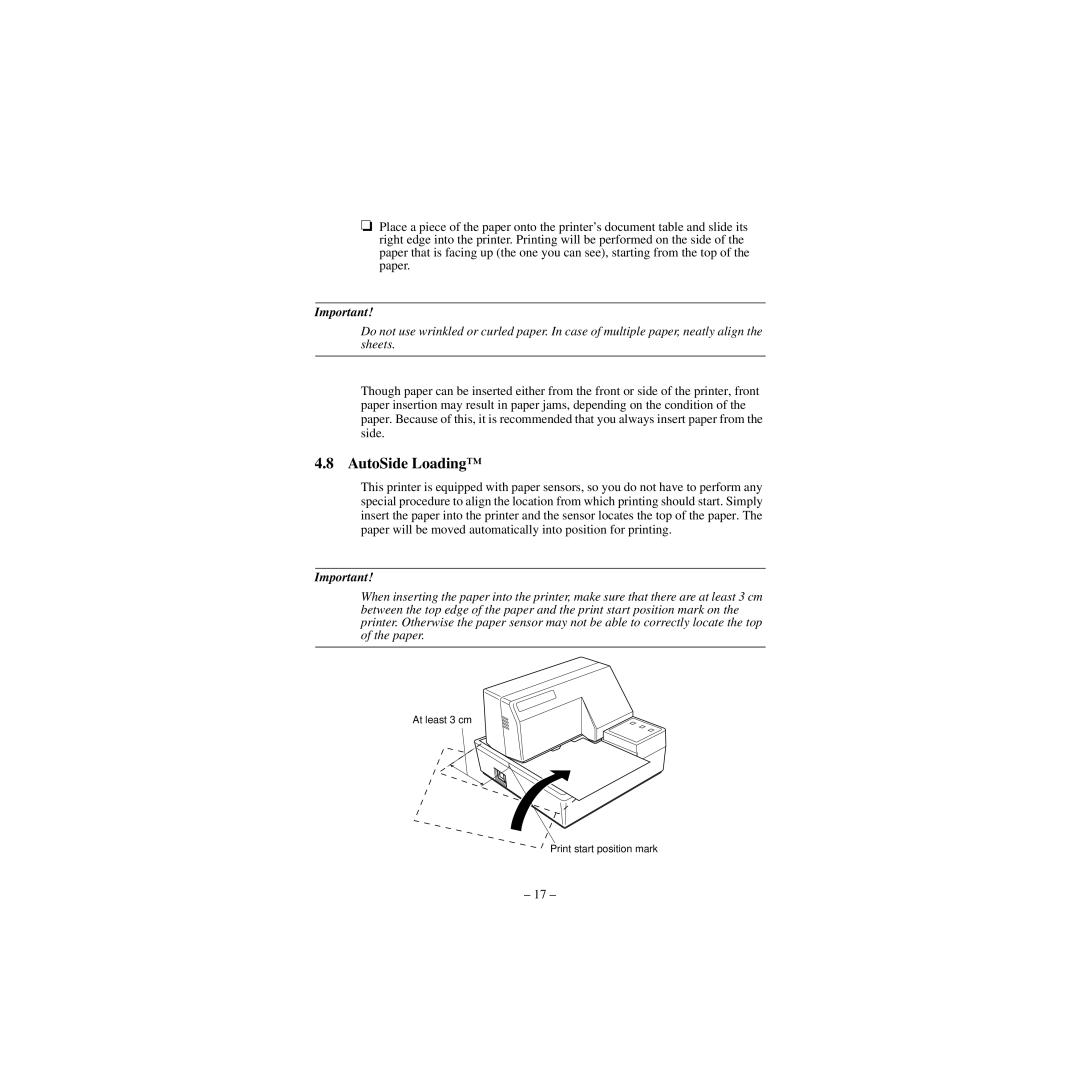 Star Micronics CBM-820 manual AutoSide Loading, At least 3 cm Print start position mark 