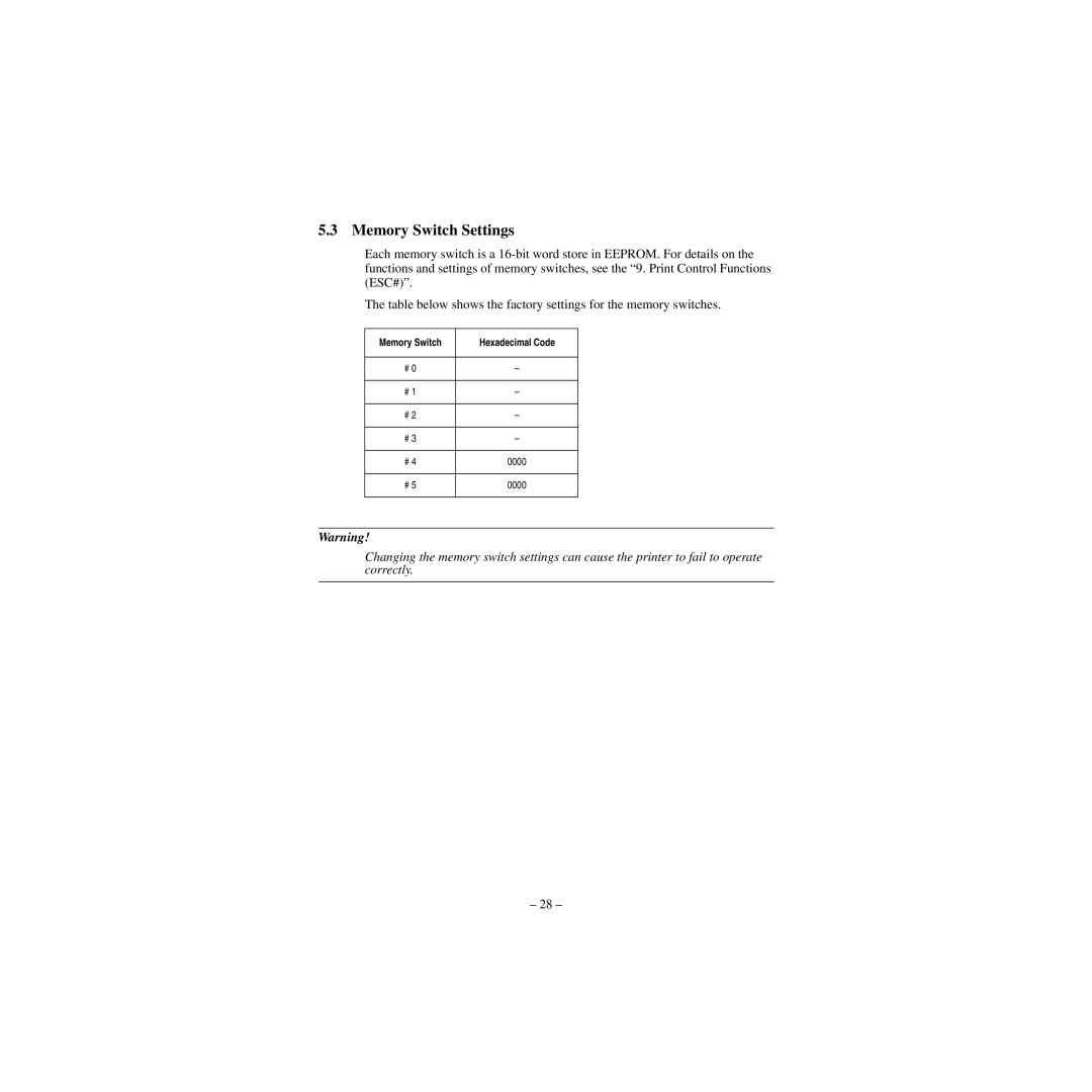 Star Micronics CBM-820 manual Memory Switch Settings, Hexadecimal Code 