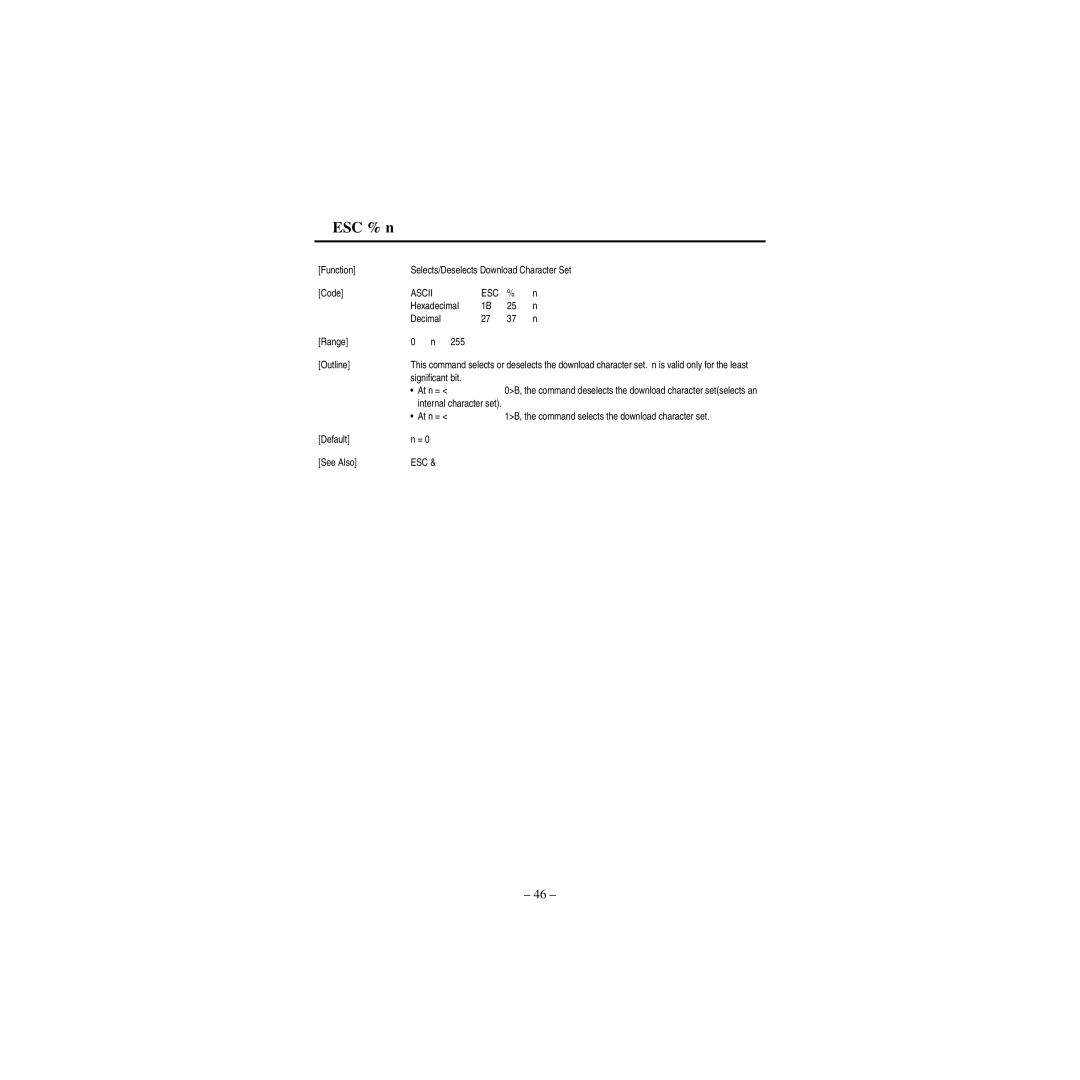 Star Micronics CBM-820 manual ESC % n, Function Selects/Deselects Download Character Set Code, Hexadecimal Decimal Range 