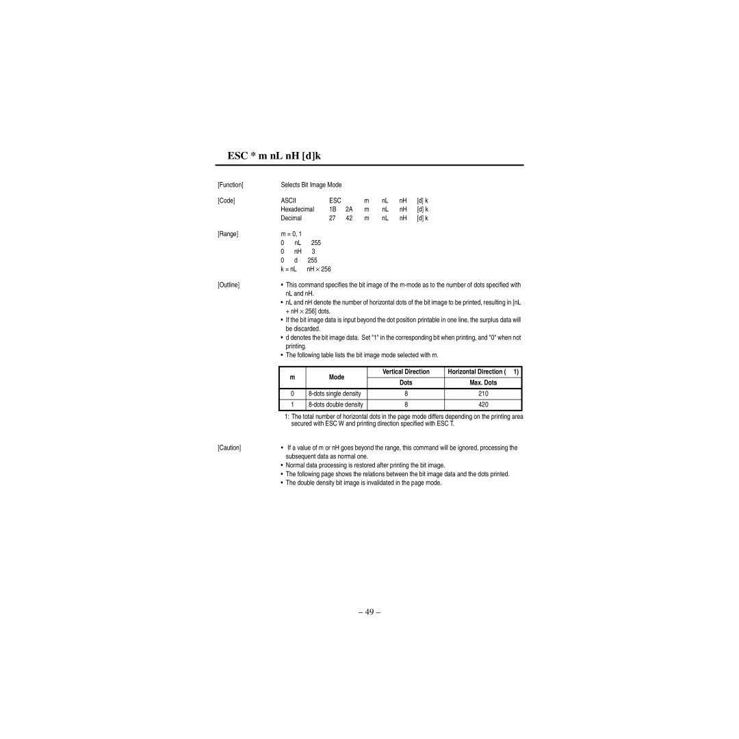 Star Micronics CBM-820 manual ESC * m nL nH dk, 255 = nL, Mode Vertical Direction 