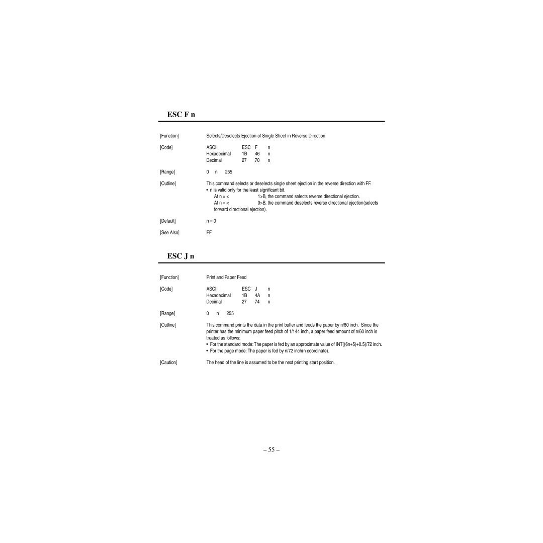 Star Micronics CBM-820 manual ESC F n, ESC J n 