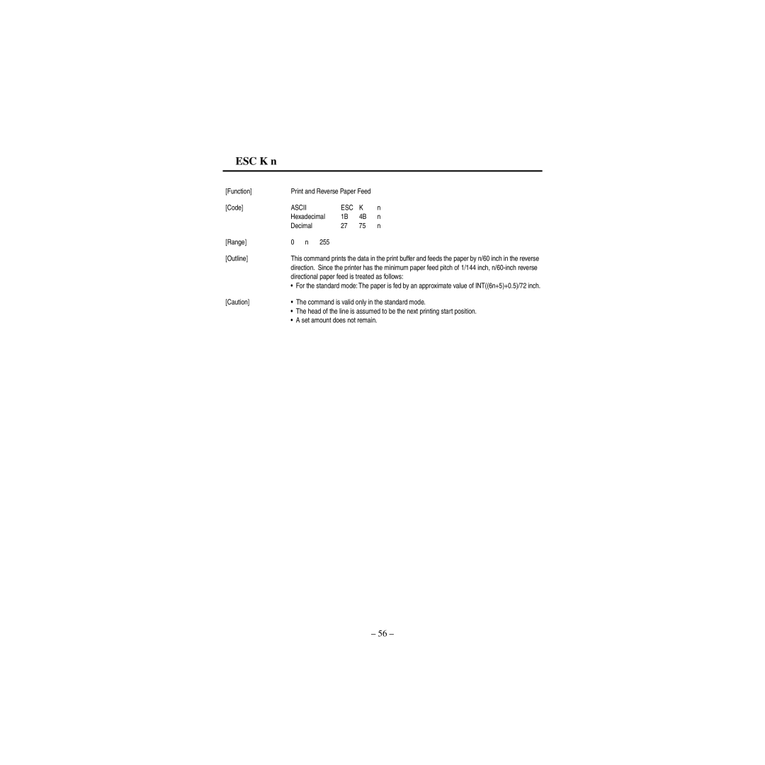 Star Micronics CBM-820 ESC K n, Directional paper feed is treated as follows, Command is valid only in the standard mode 