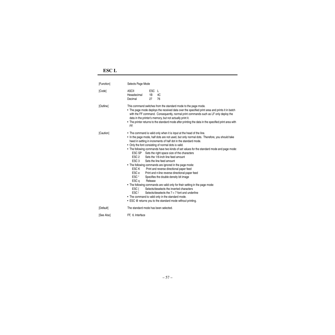 Star Micronics CBM-820 manual Esc L 