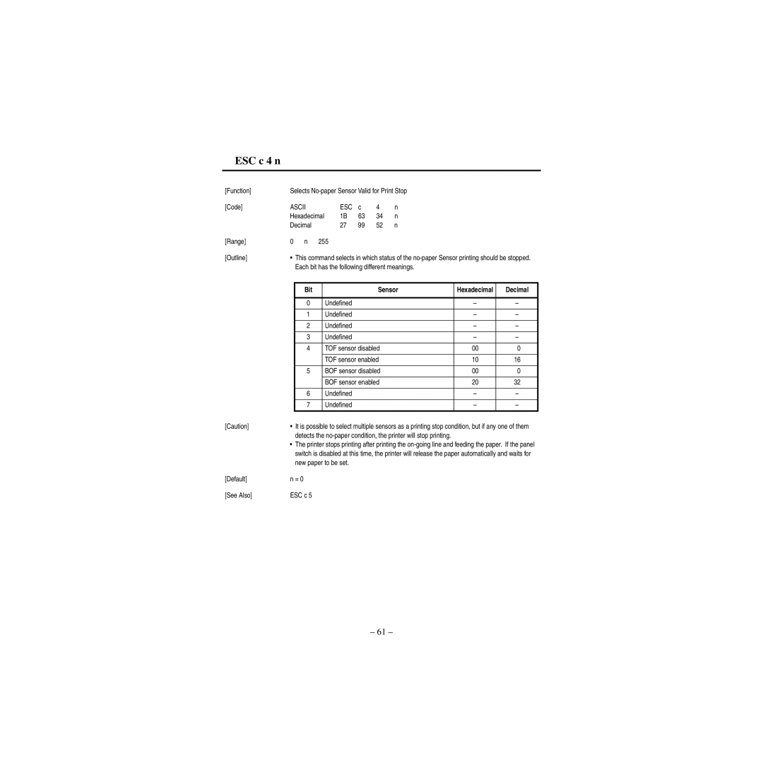 Star Micronics CBM-820 manual ESC c 4 n, Sensor 