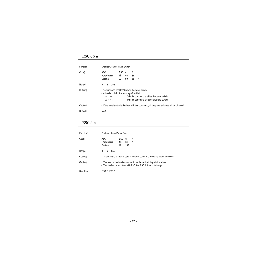 Star Micronics CBM-820 manual ESC c 5 n, ESC d n, Hexadecimal Decimal 100 Range 255 Outline 