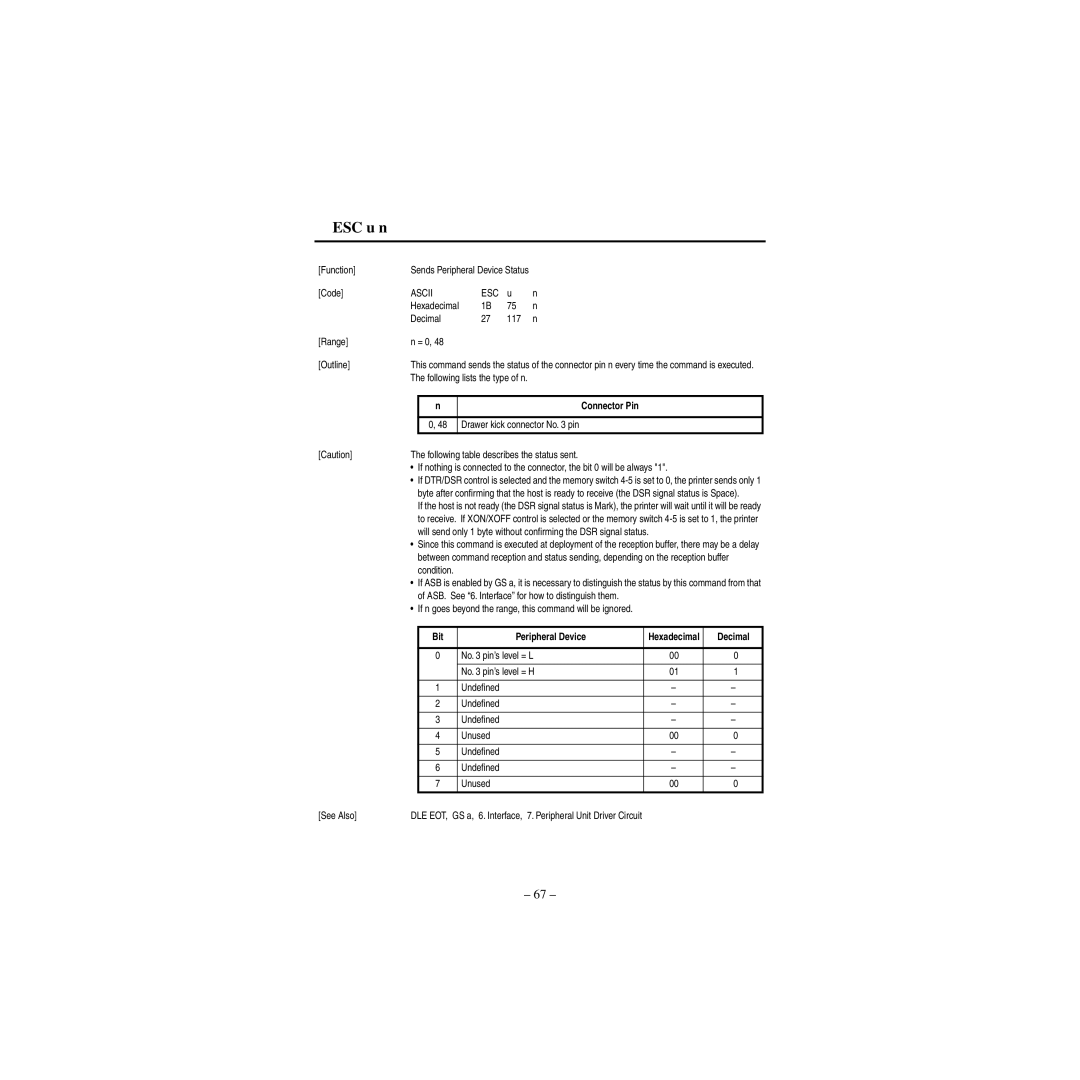 Star Micronics CBM-820 manual ESC u n, Hexadecimal Decimal 117 Range = 0 Outline, Following lists the type of n, Condition 