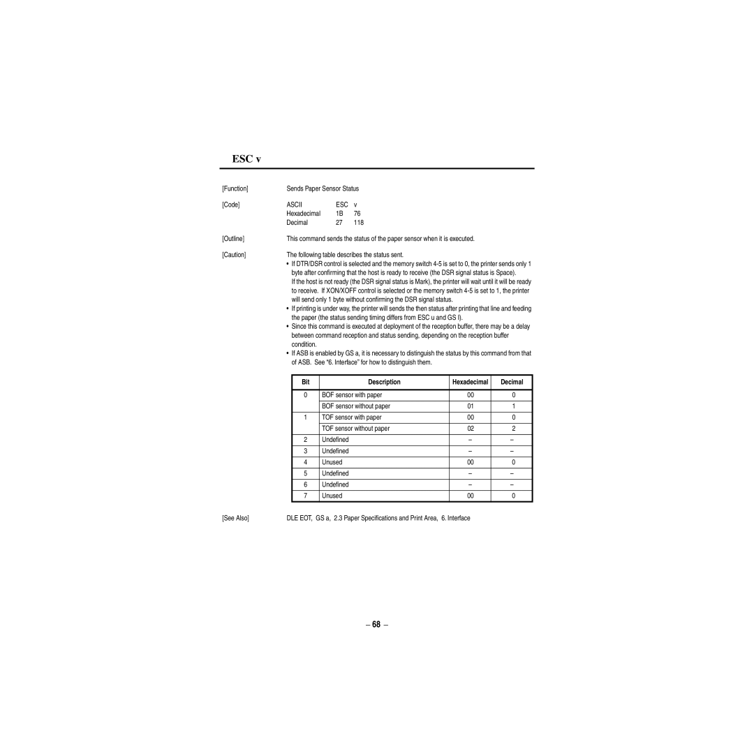 Star Micronics CBM-820 manual Esc, Function Sends Paper Sensor Status Code, Hexadecimal Decimal 118 Outline 