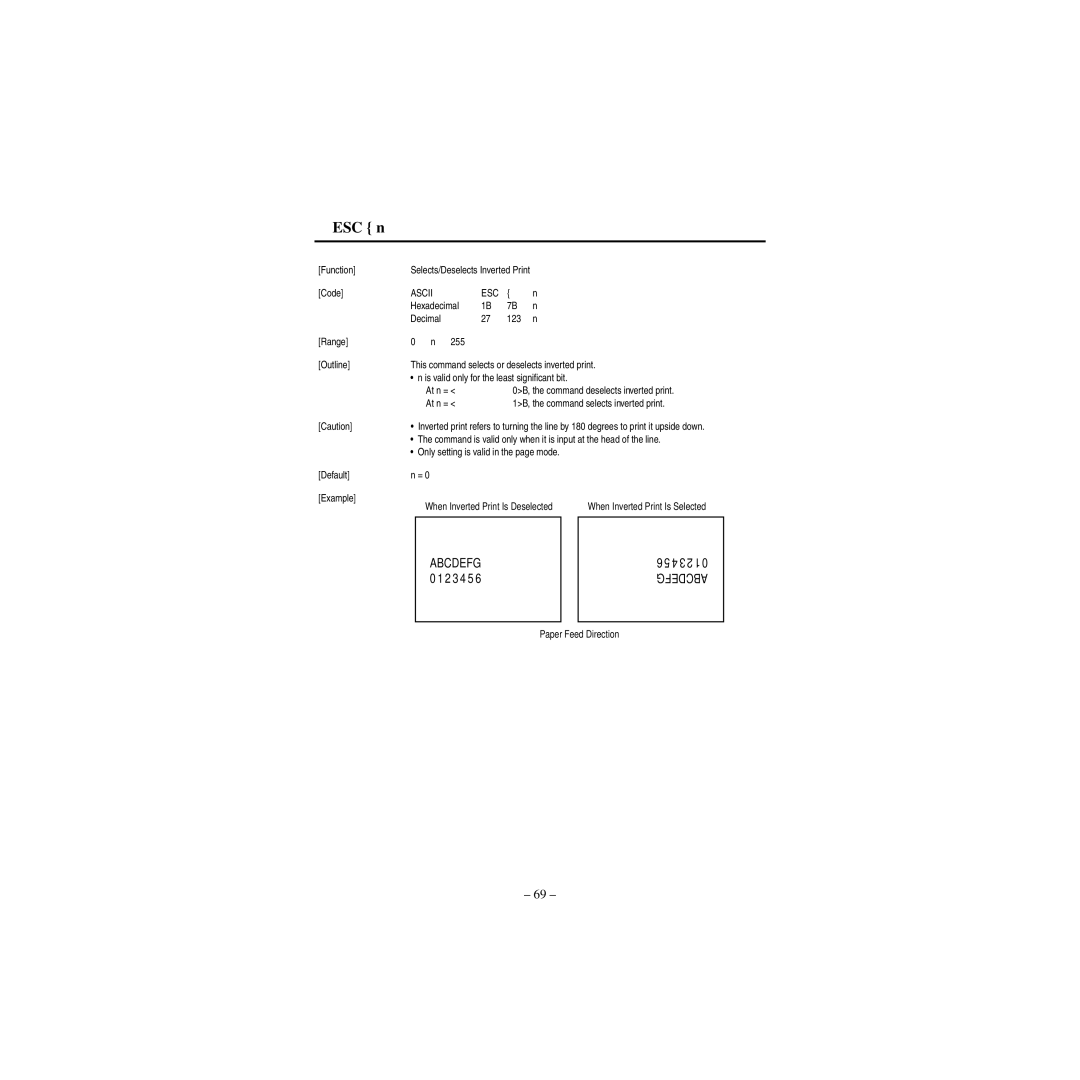 Star Micronics CBM-820 manual ESC n, At n = 1B, the command selects inverted print 