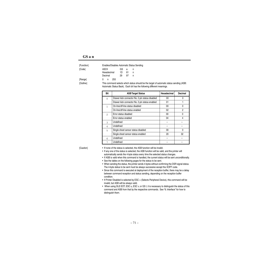 Star Micronics CBM-820 manual GS a n, Function Enables/Disables Automatic Status Sending Code, ASB Target Status 