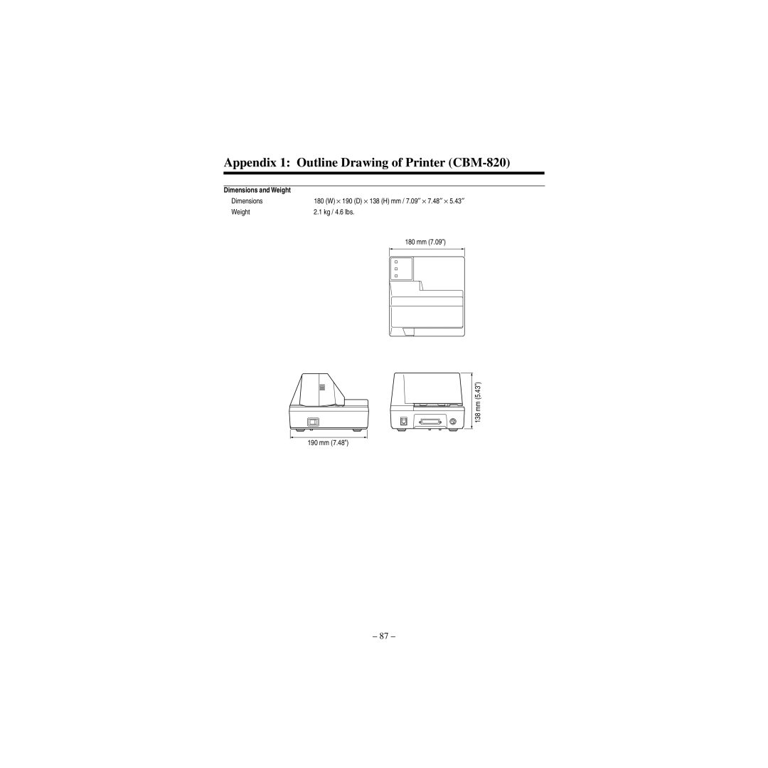 Star Micronics manual Appendix 1 Outline Drawing of Printer CBM-820, Dimensions and Weight 