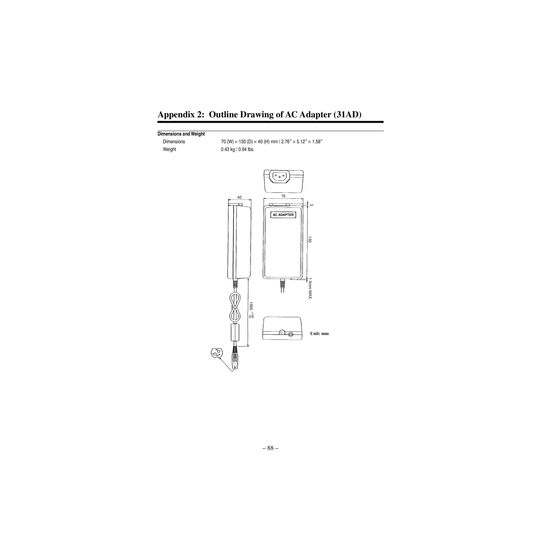 Star Micronics CBM-820 manual Appendix 2 Outline Drawing of AC Adapter 31AD, Weight 43 kg / 0.94 lbs 