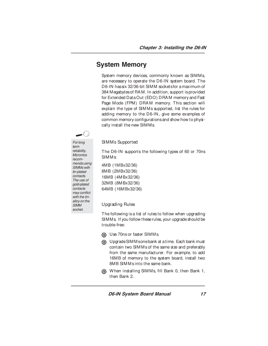 Star Micronics D6-IN manual System Memory, SIMMs Supported 