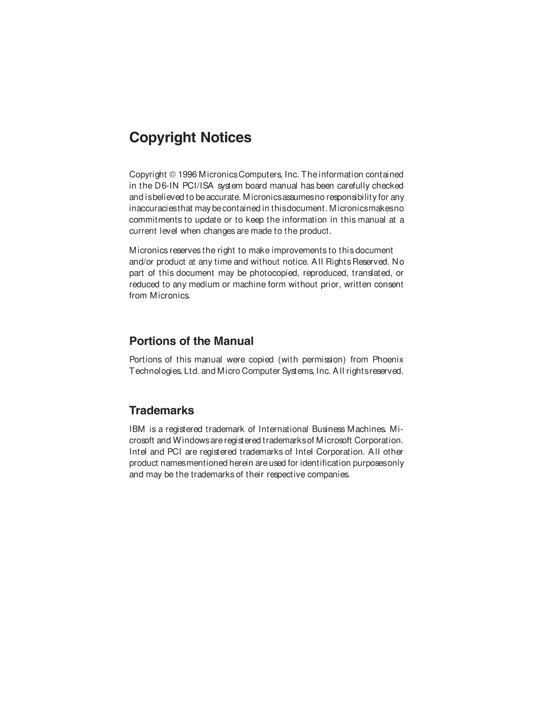 Star Micronics manual Copyright Notices, D6-IN System Board Manual 