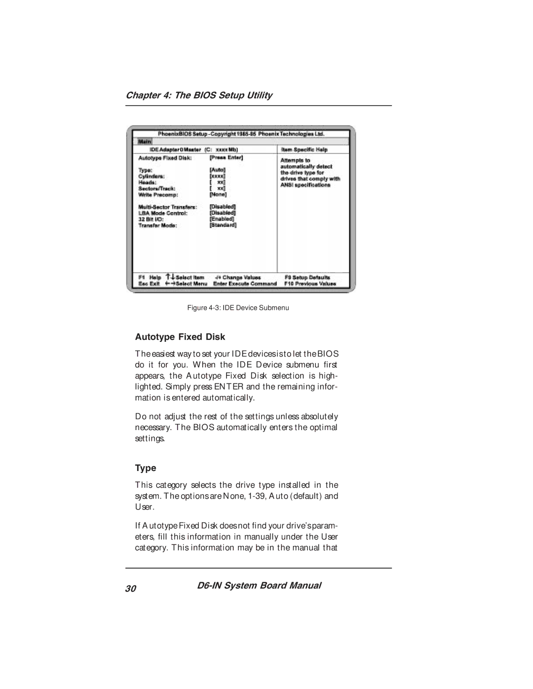 Star Micronics D6-IN manual Autotype Fixed Disk, IDE Device Submenu 