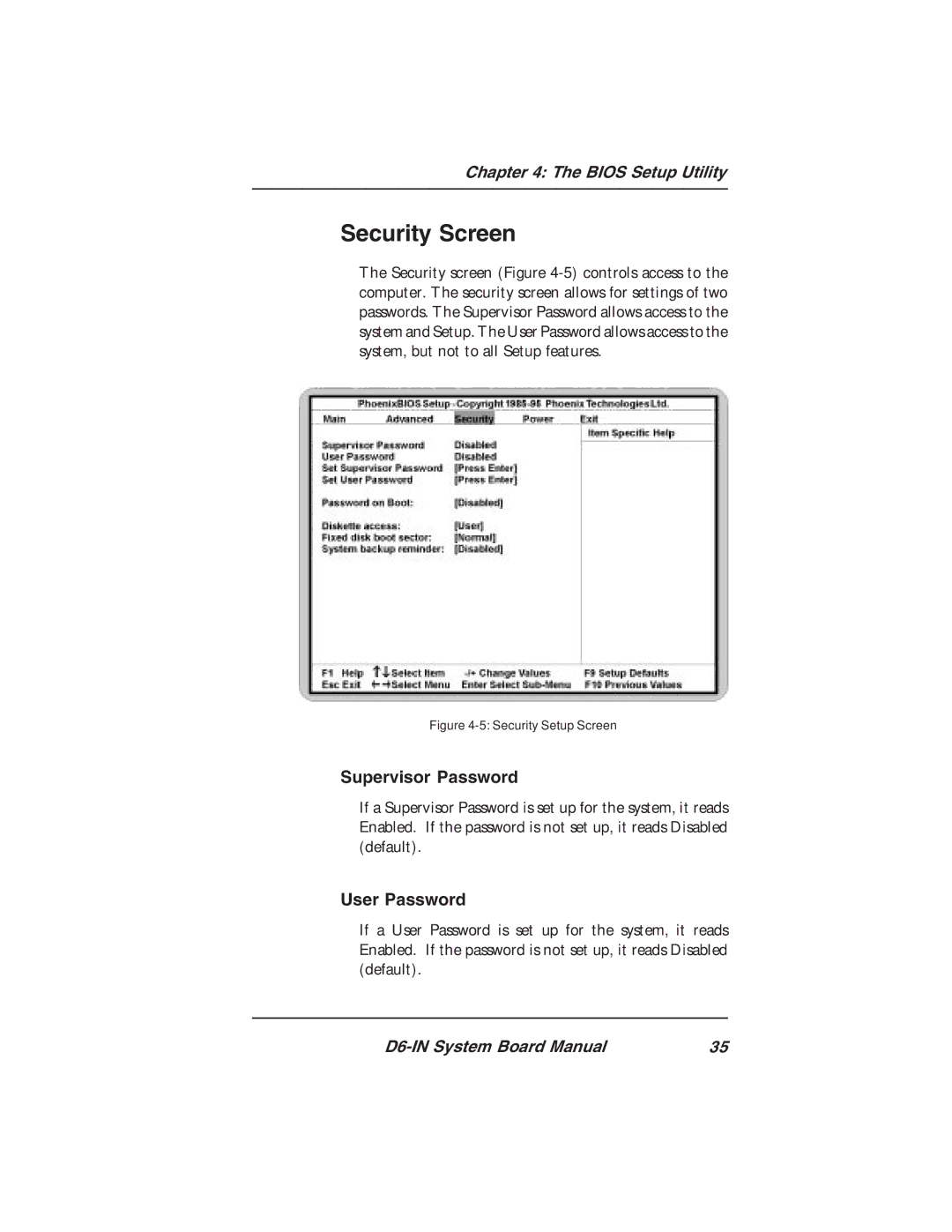 Star Micronics D6-IN manual Security Screen, Supervisor Password, User Password 