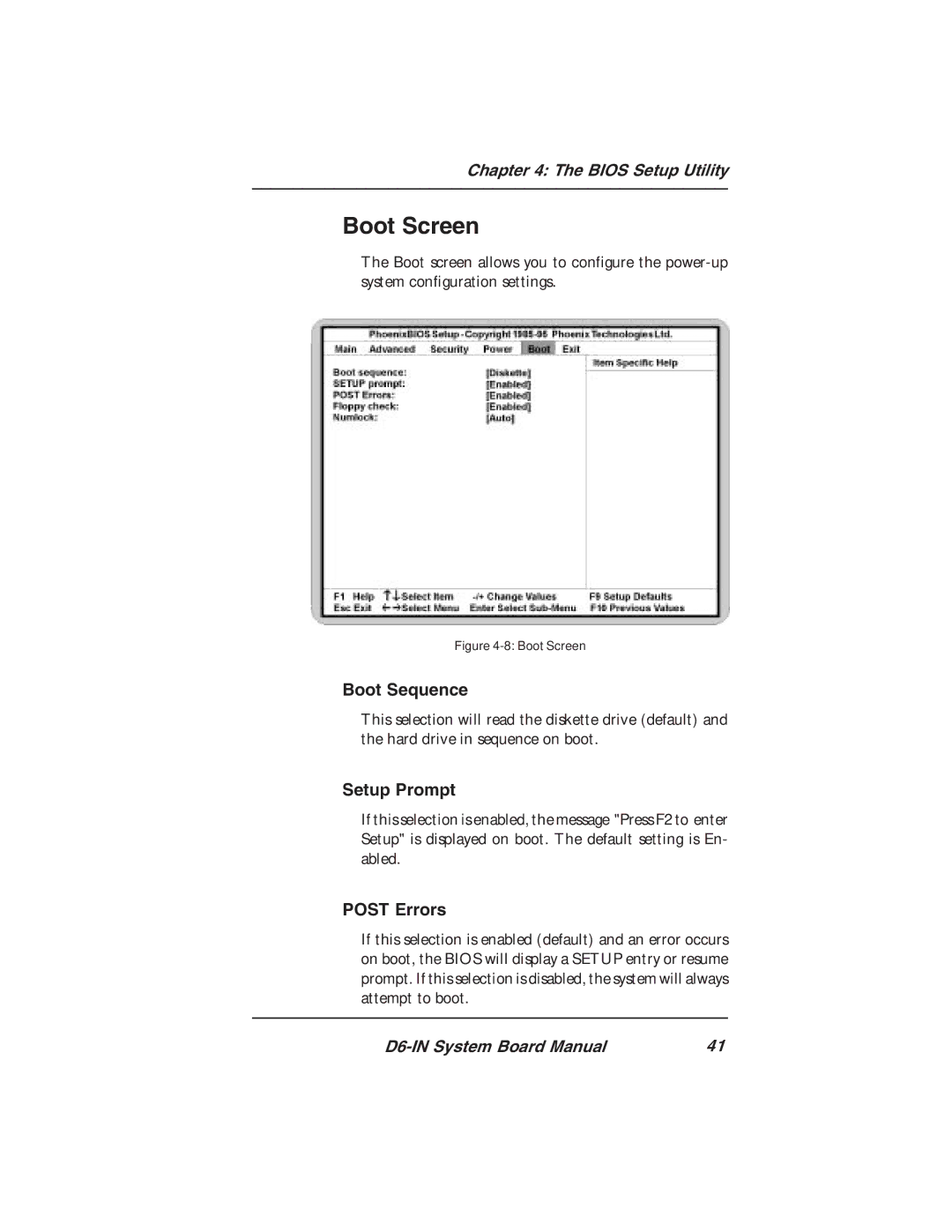 Star Micronics D6-IN manual Boot Screen, Boot Sequence, Setup Prompt, Post Errors 