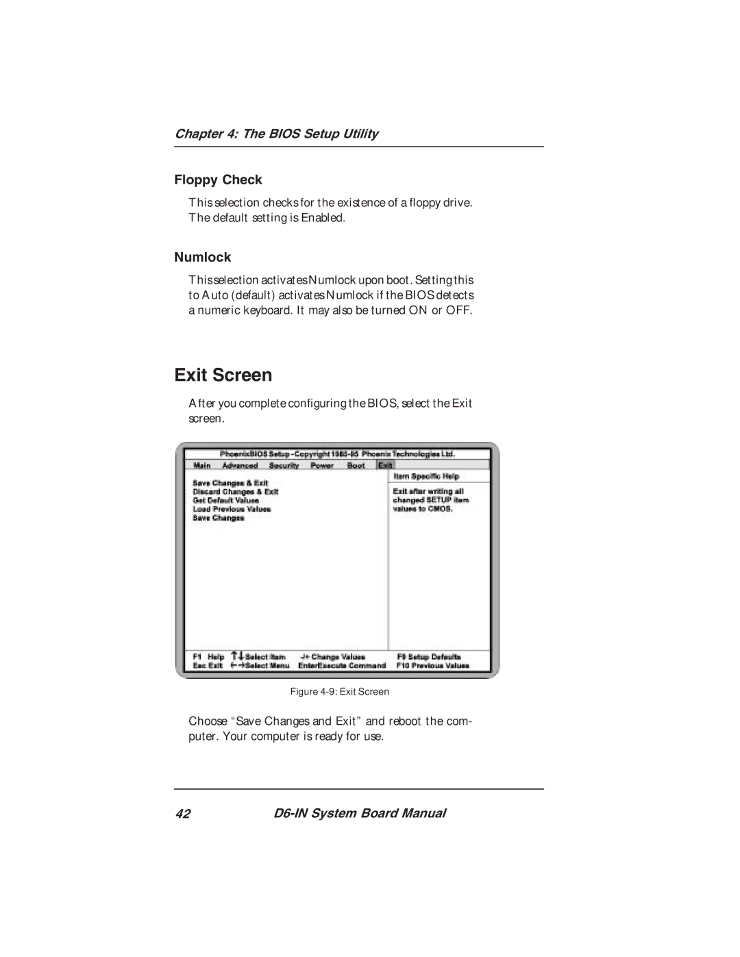 Star Micronics D6-IN manual Exit Screen, Floppy Check, Numlock 