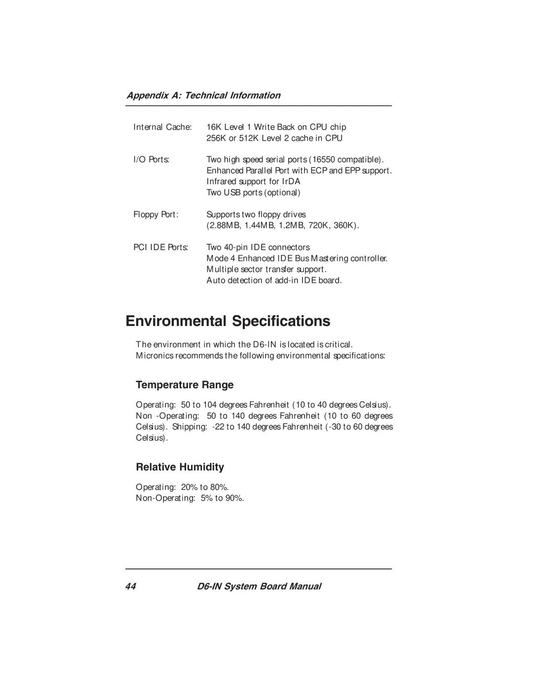 Star Micronics D6-IN manual Environmental Specifications, Infrared support for IrDA, Two USB ports optional 