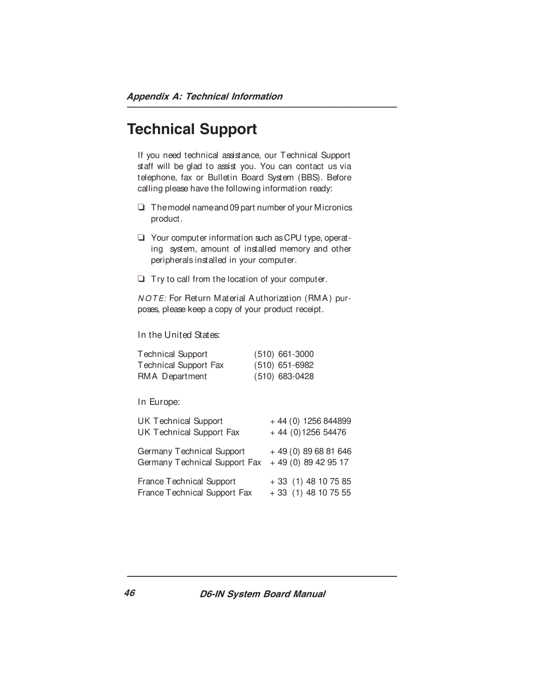 Star Micronics D6-IN manual Technical Support 510 Technical Support Fax RMA Department, UK Technical Support 