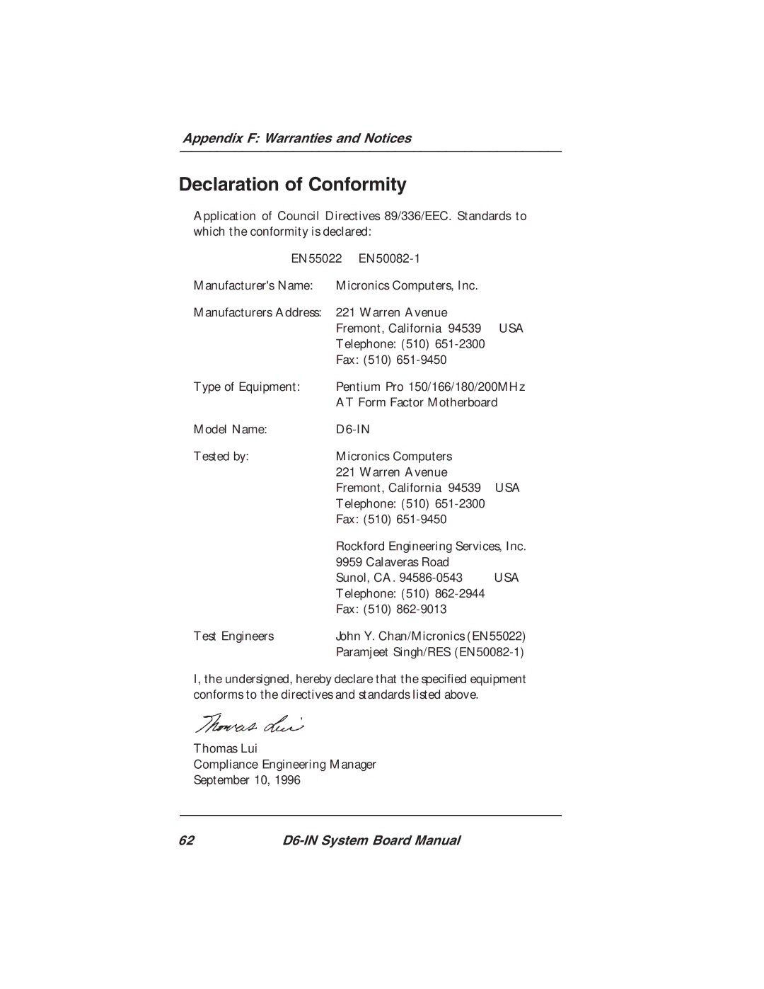 Star Micronics D6-IN manual Declaration of Conformity 