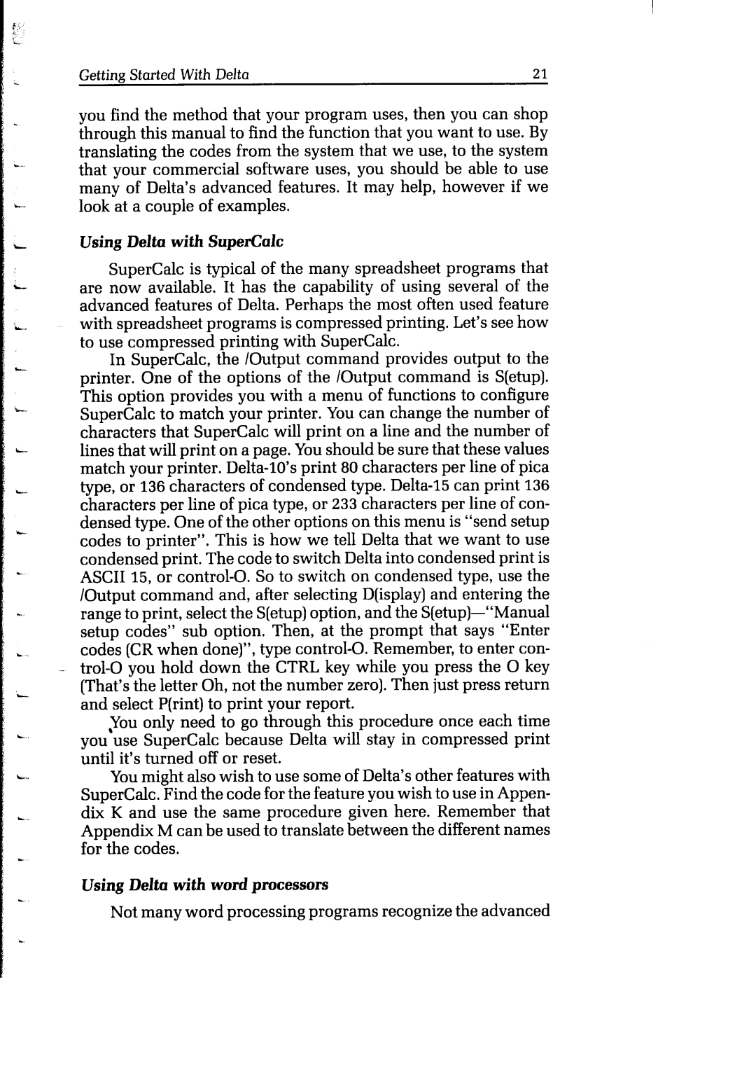 Star Micronics user manual Using Delta with SuperCalc, Using Delta with word processors 