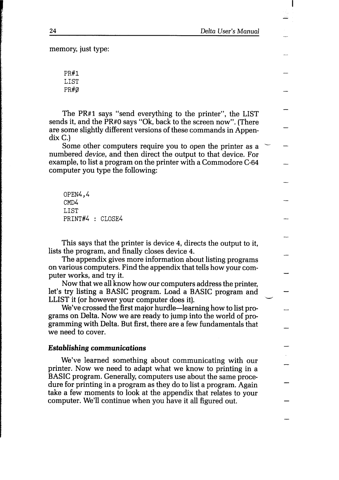 Star Micronics Delta user manual OPEN4,4 CMD4 List PRINT#4 CLOSE4, Establishing communications 