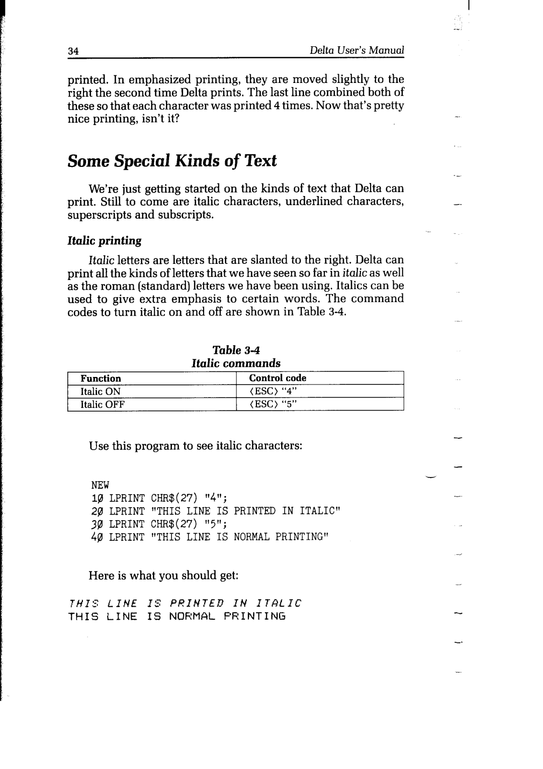 Star Micronics Delta user manual Italic printing, Italic Commands 