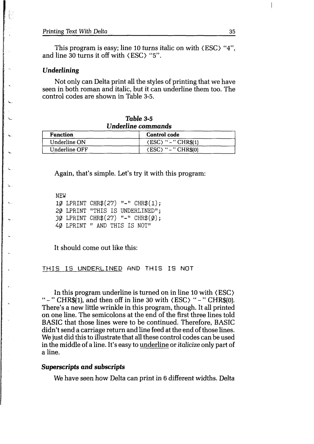 Star Micronics Delta user manual UnderJining, Superscripts and subscripts 