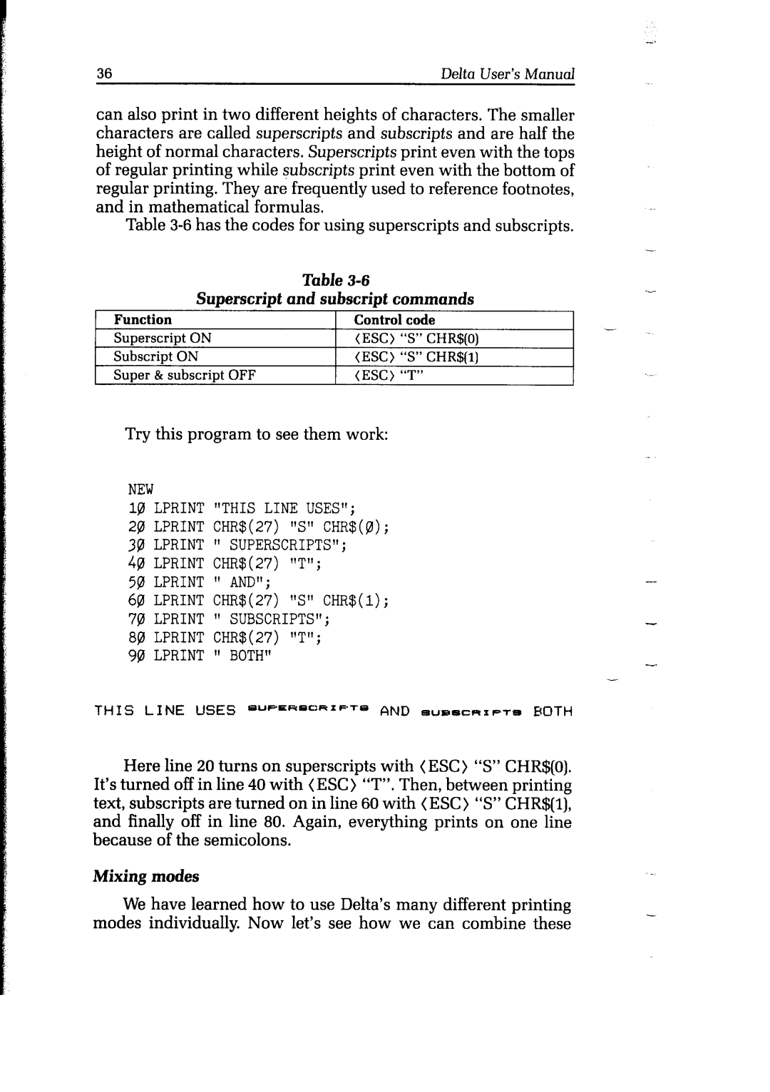 Star Micronics Delta user manual NEW Lprint Thisline Uses, Superscript Subscript commands, Mixing modes 