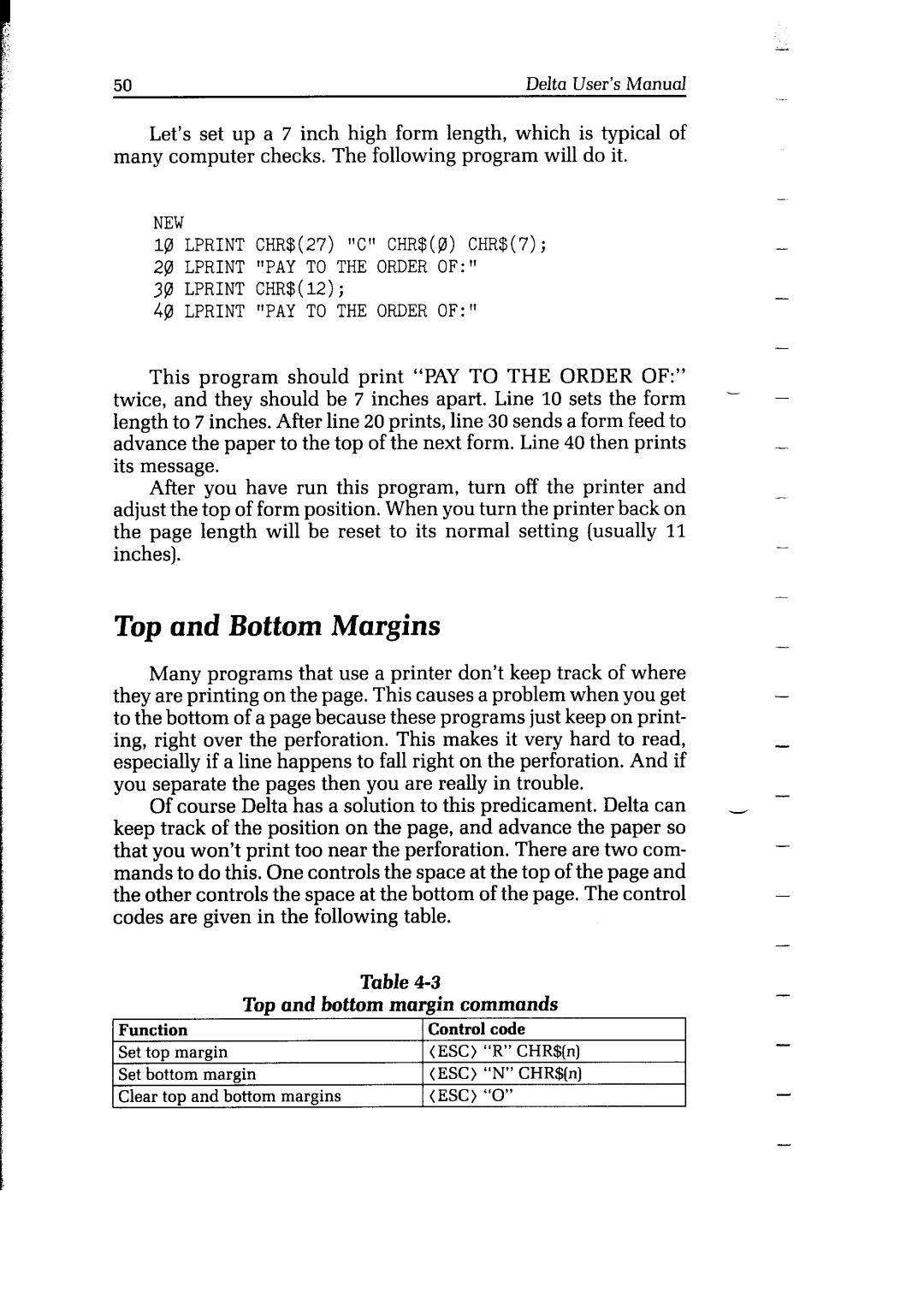 Star Micronics Delta user manual Lprint PAY to the Order, Top and bottom margin commands 