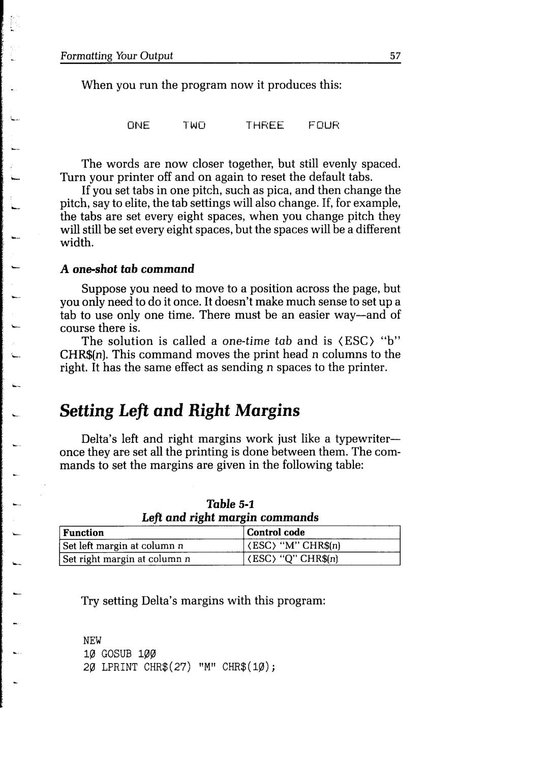 Star Micronics Delta user manual One-shot tab command, Left and right margin commands 