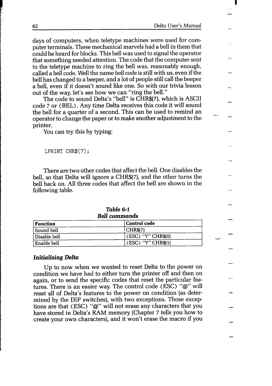 Star Micronics user manual Bell commands, Initializing Delta 