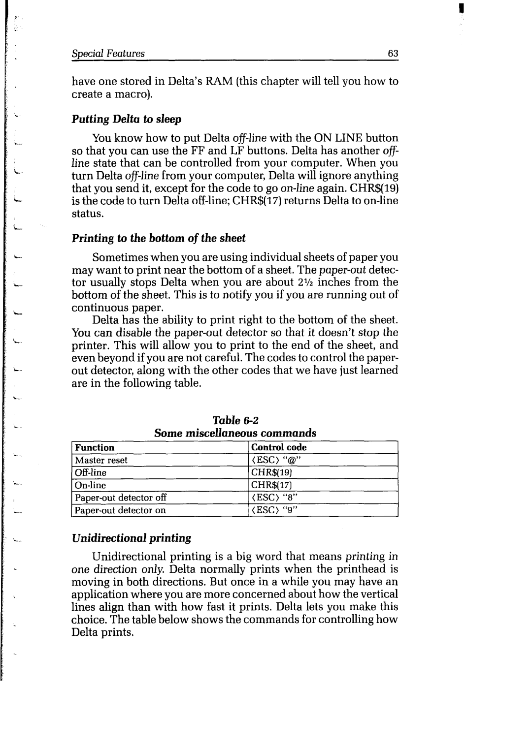 Star Micronics user manual Putting Delta to sleep, Printing to the bottom of the sheet, Some Miscellaneous commands 