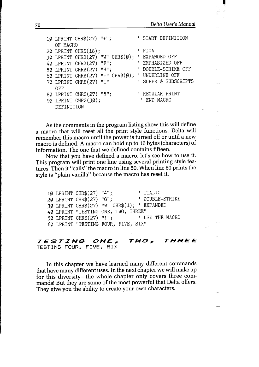 Star Micronics Delta Startdefinition, Macro Lprint CHR$18 Pica, OFF Regularprint, END Macro, Definition, One Two 