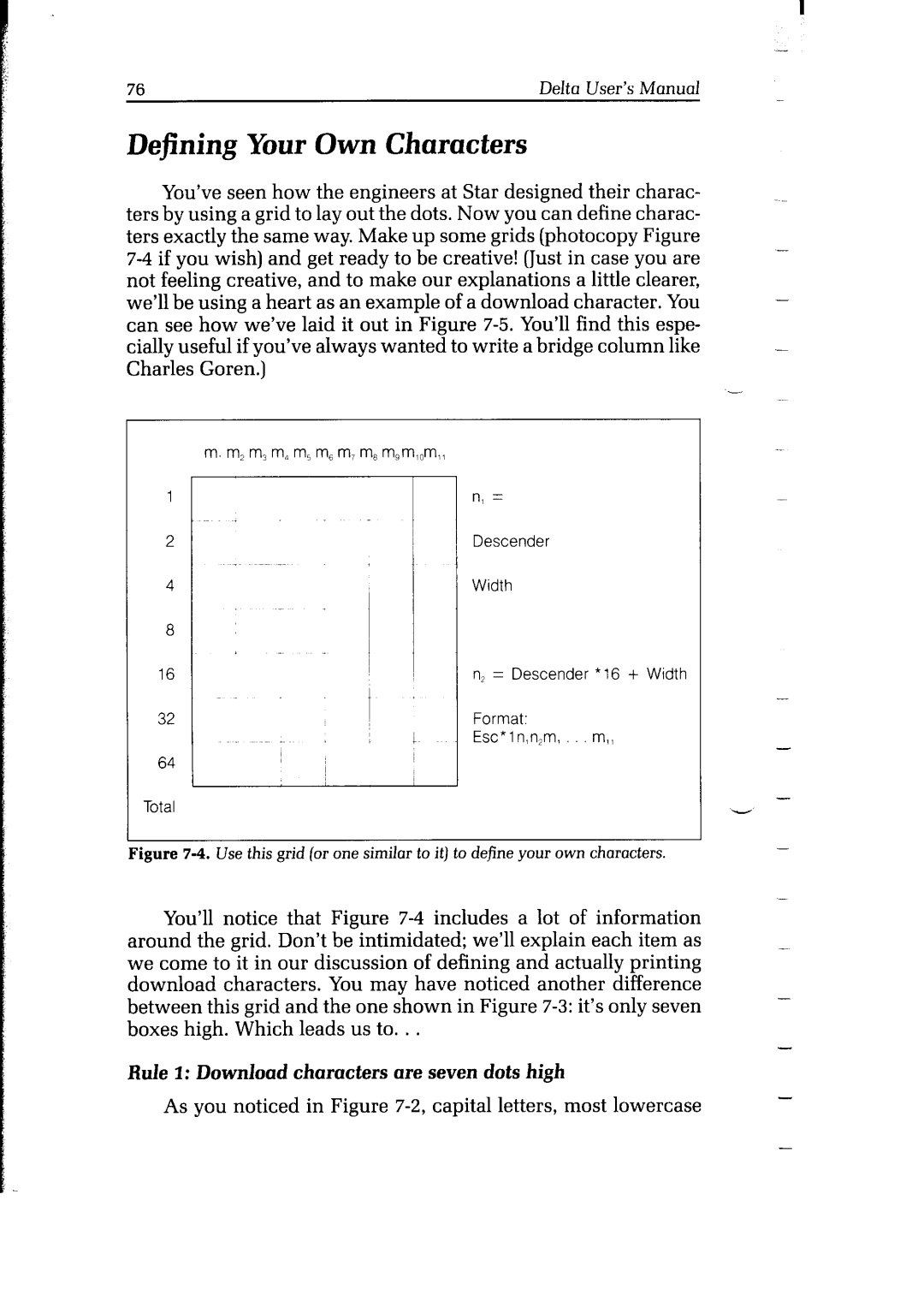 Star Micronics Delta user manual Defining Your Own Characters, Rule I Download characters are seven dots high 