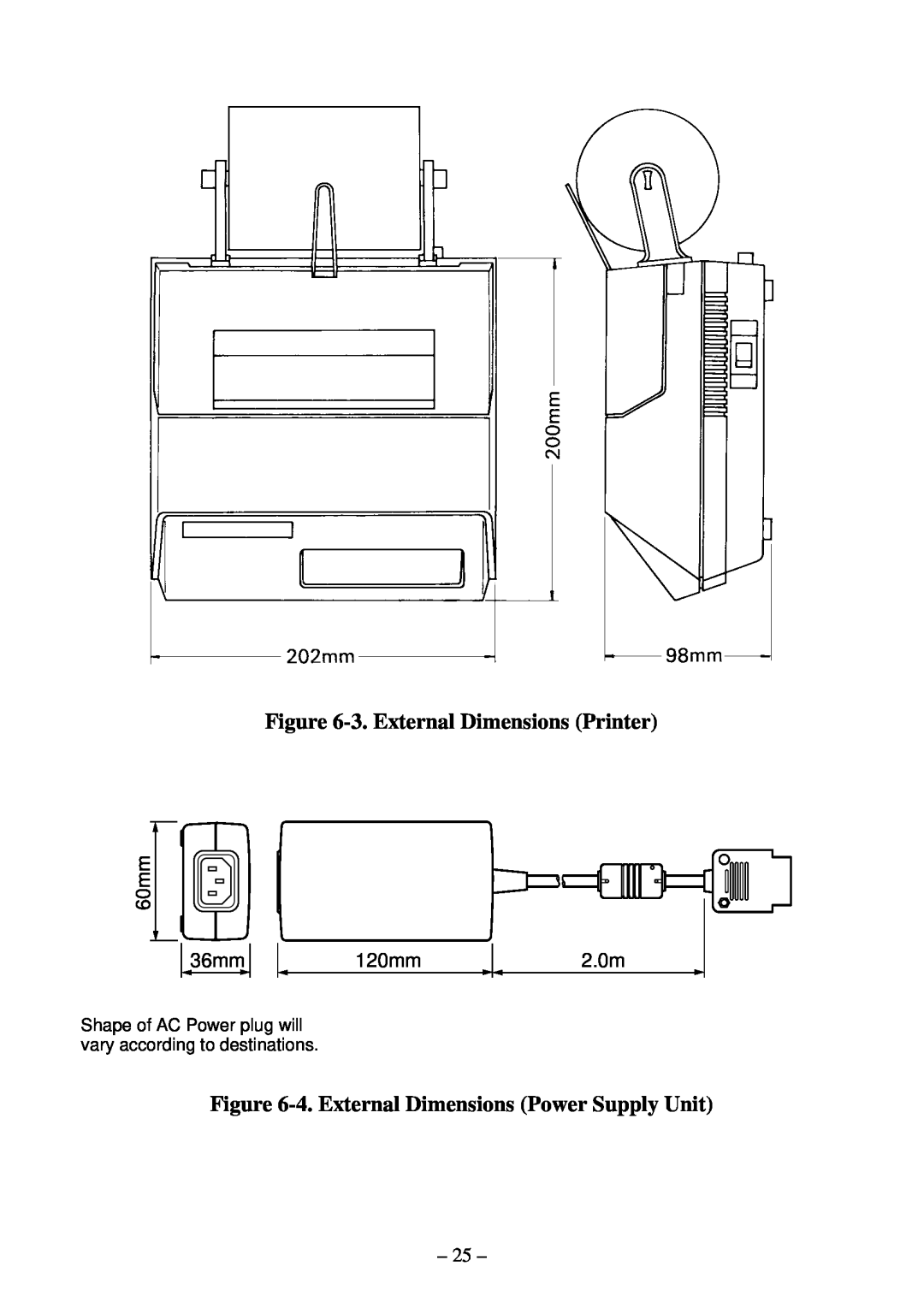 Star Micronics DP8340 3. External Dimensions Printer, 4. External Dimensions Power Supply Unit, 60mm 36mm, 120mm, 2.0m 