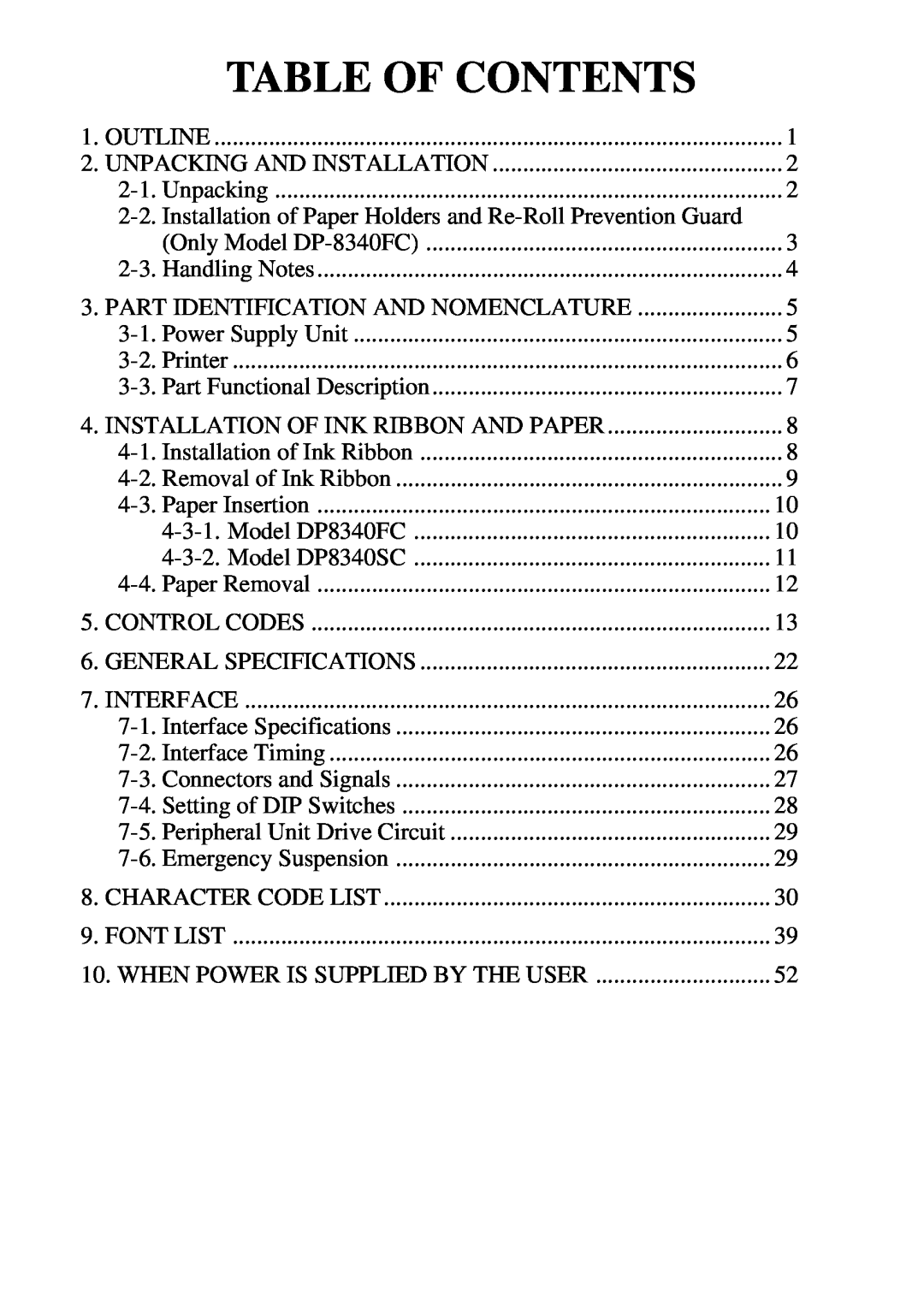 Star Micronics DP8340 user manual Table Of Contents, Installation of Paper Holders and Re-Roll Prevention Guard 