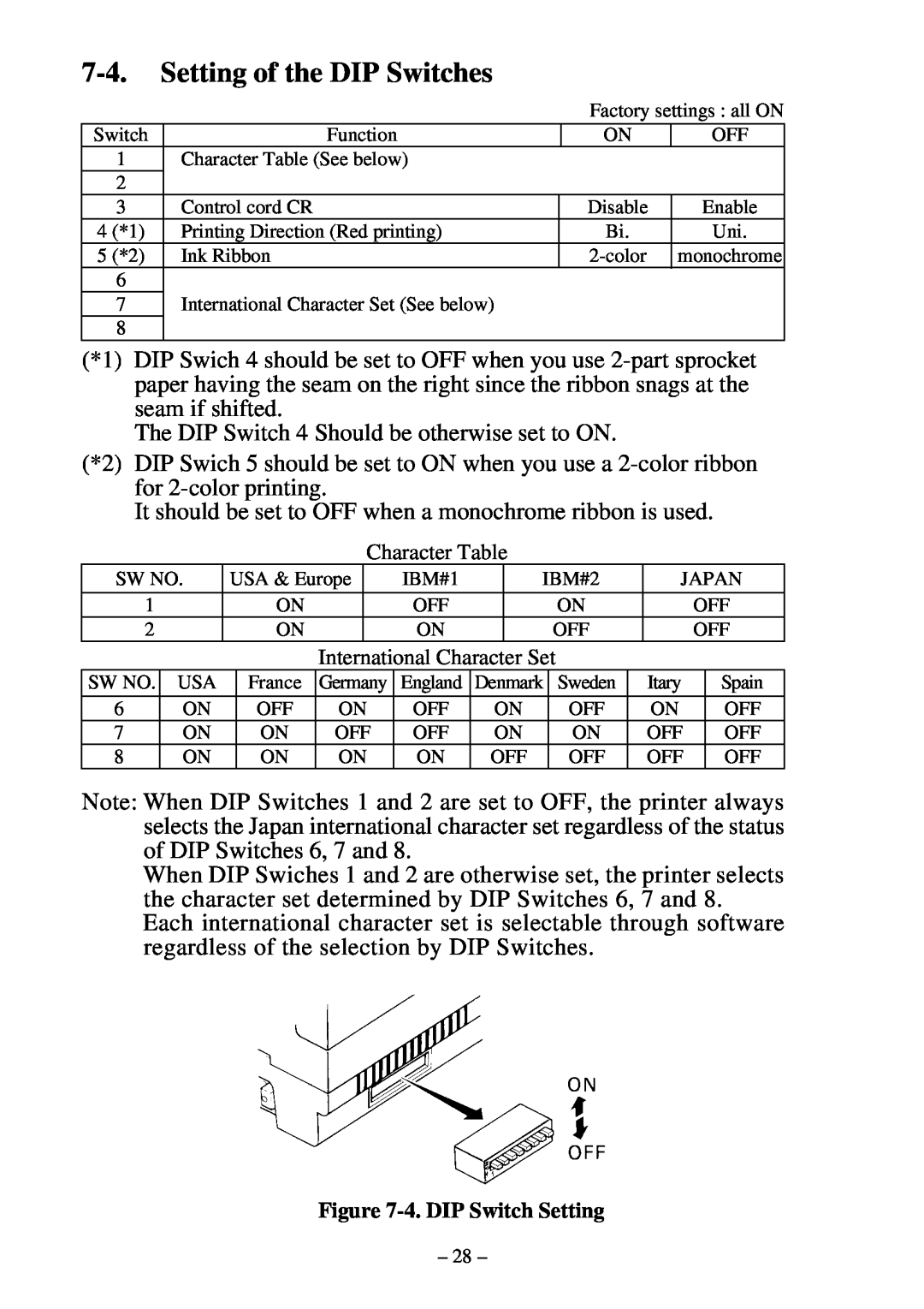 Star Micronics DP8340 user manual Setting of the DIP Switches 