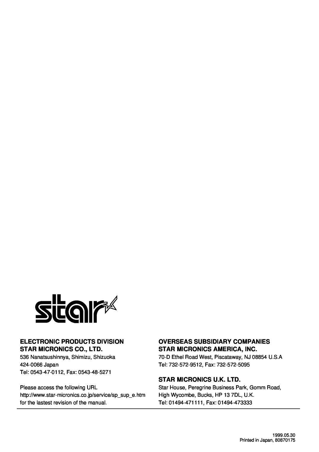 Star Micronics DP8340 user manual Electronic Products Division, Overseas Subsidiary Companies, Star Micronics America, Inc 