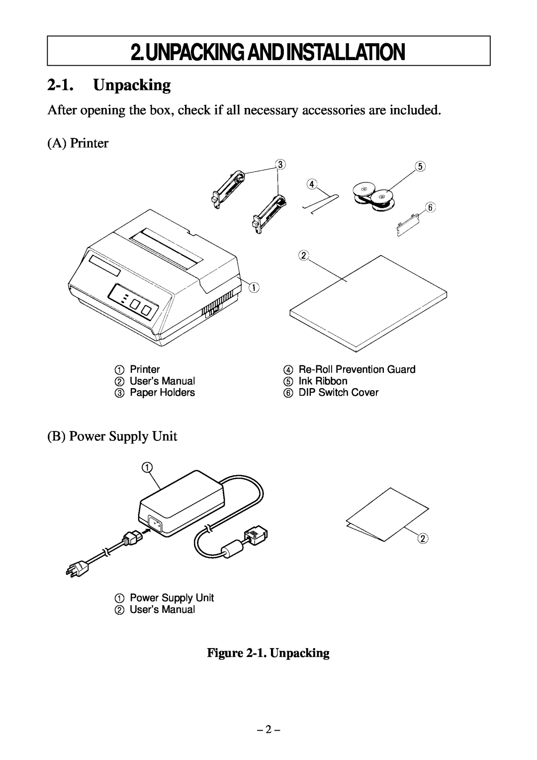 Star Micronics DP8340 Unpackingandinstallation, 1. Unpacking, Printer, Re-Roll Prevention Guard, User’s Manual, Ink Ribbon 