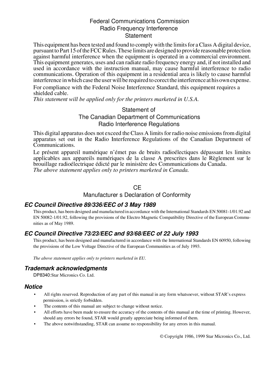 Star Micronics DP8340 user manual EC Council Directive 89/336/EEC of 3 May 