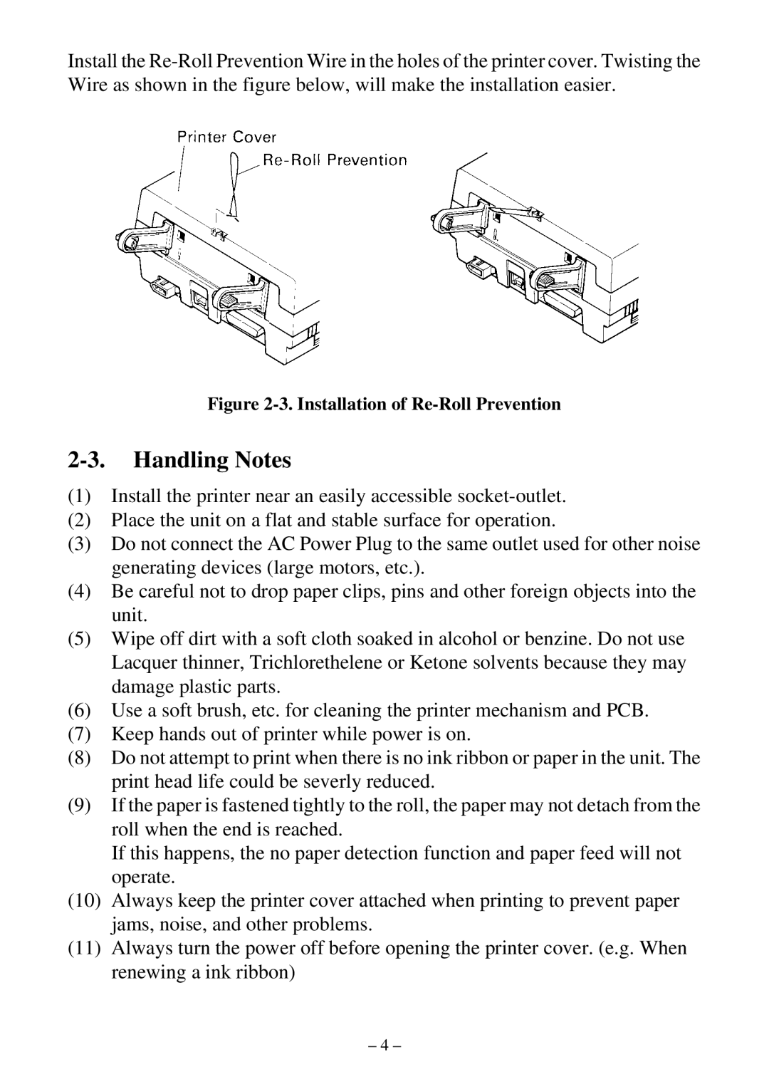 Star Micronics DP8340 user manual Handling Notes, Installation of Re-Roll Prevention 