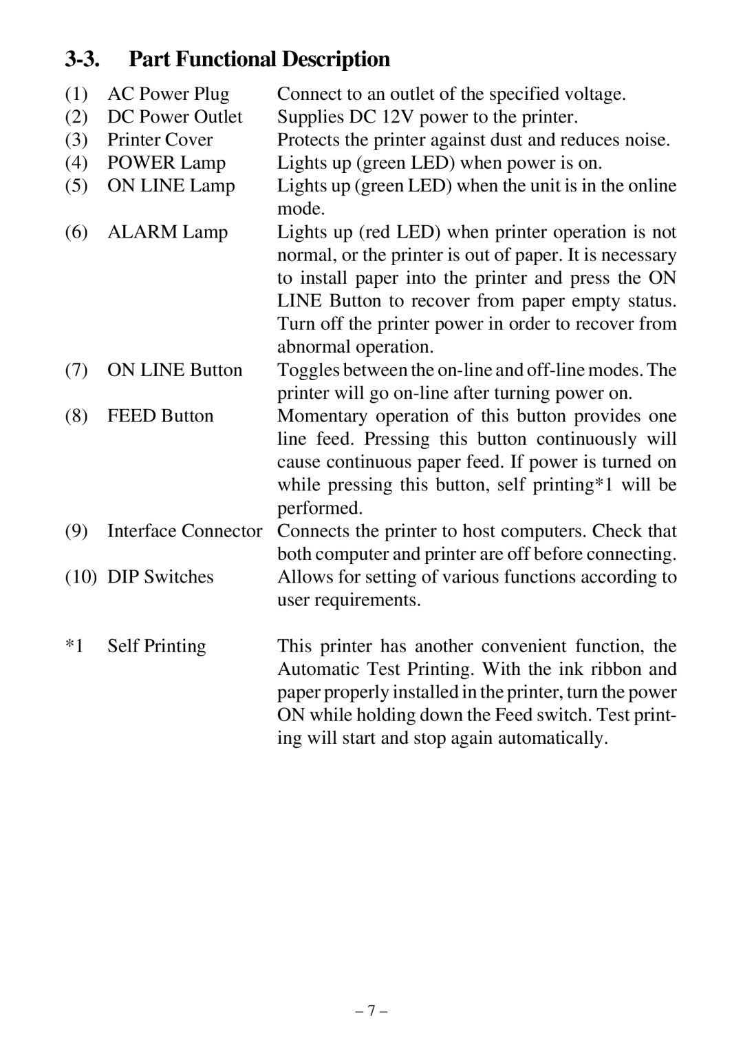 Star Micronics DP8340R user manual Part Functional Description 