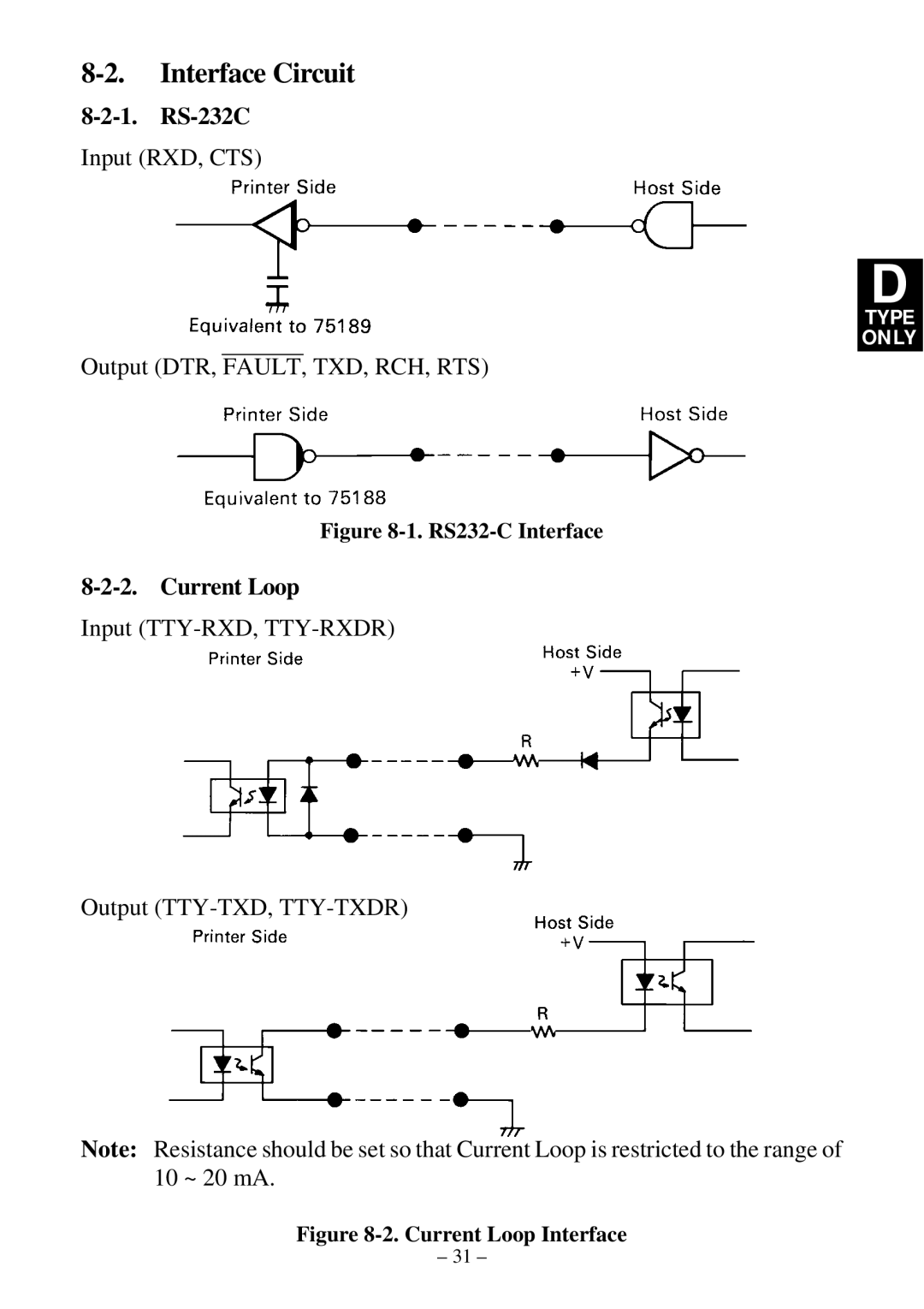 Star Micronics DP8340R user manual RS-232C, Current Loop 