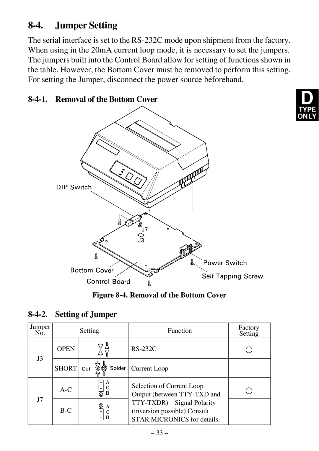 Star Micronics DP8340R user manual Jumper Setting, Removal of the Bottom Cover, Setting of Jumper 