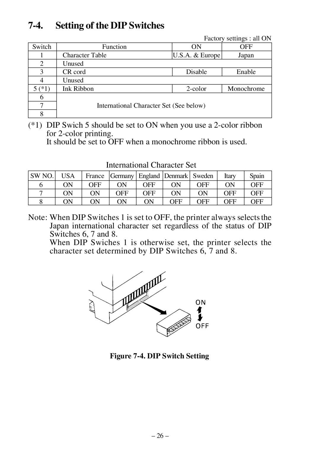 Star Micronics DP8340RC user manual Setting of the DIP Switches, DIP Switch Setting 